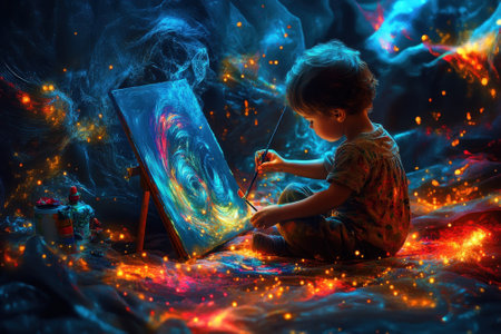 A young child sits in a colorful, glowing environment painting a swirling galaxy on a canvas.の写真素材