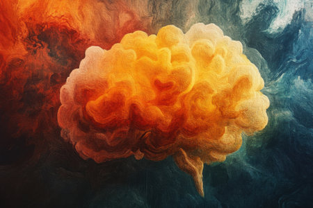 A colorful, abstract representation of a brain floats among swirls of warm hues, creating an engaging visual experience.の写真素材