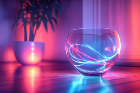 A glass bowl sits on wooden flooring, glowing with vibrant light trails in a modern, cozy environment.の写真素材