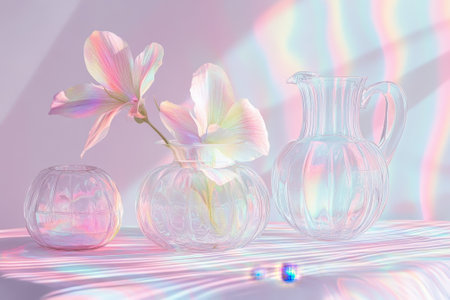 Soft pastel flowers in transparent glass vases catch gentle light, creating a serene atmosphere.の写真素材