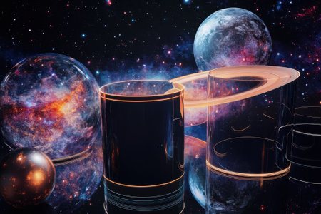 An intricate display of cosmic elements combines vivid colors and glowing shapes in a surreal space setting.の写真素材