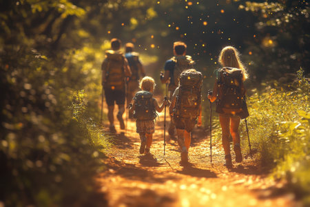 A group of people walks on a dirt path in the forest, enjoying a sunny afternoon together with backpacks.の素材