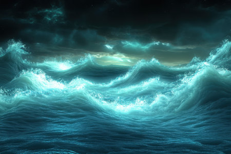 Powerful waves surge and crash against the coast as twilight settles, creating dramatic patterns in the water.の写真素材