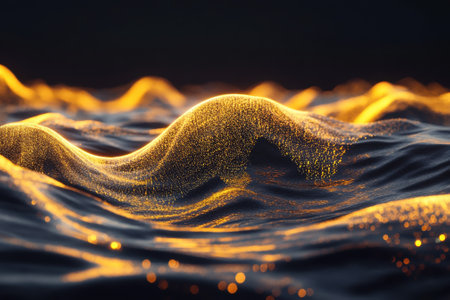 Golden light dances on ocean waves, highlighting their undulating forms as the sun sets over the horizon.の写真素材