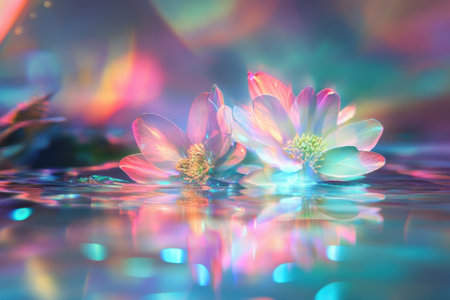 Two radiant water lilies bloom beautifully on a tranquil surface, reflecting colorful hues during twilight.の写真素材