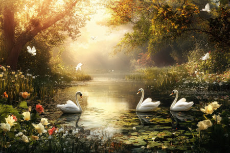 Three elegant swans glide on a calm pond surrounded by vibrant flowers and soft sunlight in a peaceful garden.の写真素材