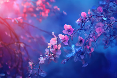 Delicate cherry blossoms bloom on a branch illuminated by dreamy purple and pink hues during spring.の写真素材