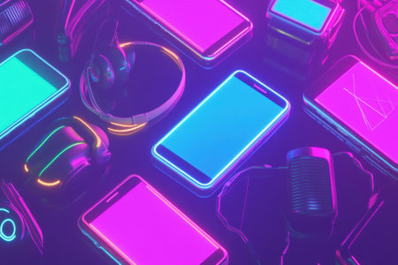 Various smartphones, headphones, and gadgets illuminate with neon colors in a dark setting, creating a modern vibe.の写真素材