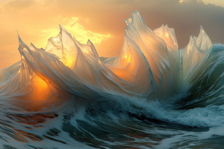 Waves crash against the shore, glowing with orange hues as the sun sets, creating a breathtaking spectacle.の写真素材
