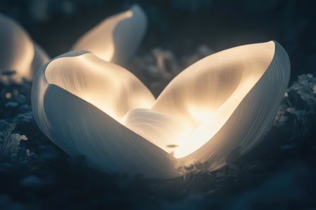 Soft light emanates from delicate petals nestled in a tranquil garden, creating a peaceful ambiance at dusk.の写真素材