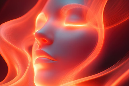A serene face emerges from swirling red light, creating a dreamlike atmosphere that captivates the viewer.の写真素材