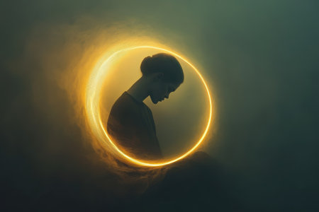 A person sits in profile, surrounded by a glowing circular light in a foggy setting during twilight.の写真素材