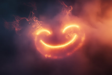 A vibrant smile symbol glows brightly amidst swirling colorful smoke in a nighttime setting.の写真素材