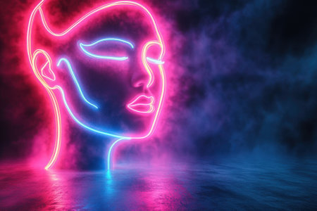 A bright neon outline of a woman's face emerges from a colorful smoky backdrop, creating a striking visual effect.の写真素材