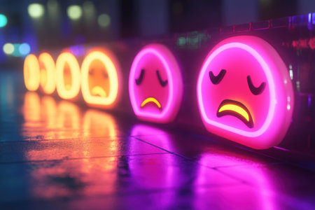 Colorful neon emoticons display various emotions on a wet surface, reflecting light during nighttime.の写真素材
