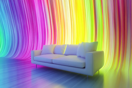A modern white sofa is placed against a backdrop of colorful waves, creating a lively atmosphere.の写真素材