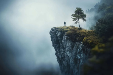 Silhouette of a person on a rocky ledge, shrouded in mist, overlooks a verdant forested valley.の写真素材