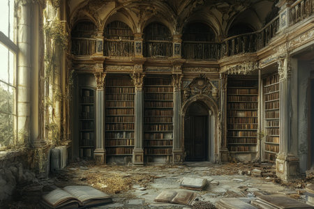 Dust-covered books lie scattered on the floor of this decaying library, with vines creeping through dusty shelves.の写真素材