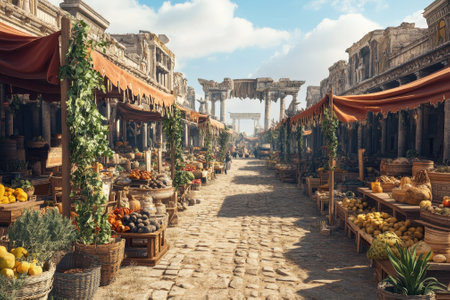Stalls filled with fruits and vegetables line a cobblestone street under a bright sky in an ancient marketplace.の写真素材