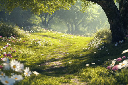 A peaceful pathway winds through a lush, green meadow filled with vibrant flowers under soft sunlight.の写真素材