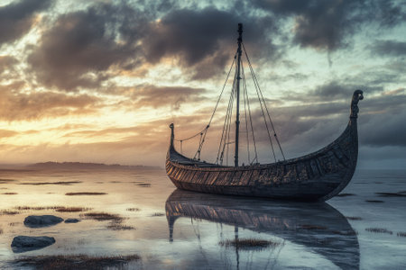A beautifully crafted Viking ship stands still on reflective waters during a stunning sunset, serene surroundings.の写真素材