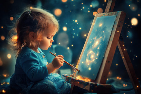 A child focuses on painting a canvas, surrounded by soft, glowing lights in a whimsical atmosphere.の写真素材