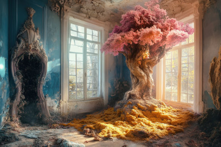 A striking contrast of a vivid, pink tree stands amid a dilapidated room, with vibrant moss covering the floor.の写真素材