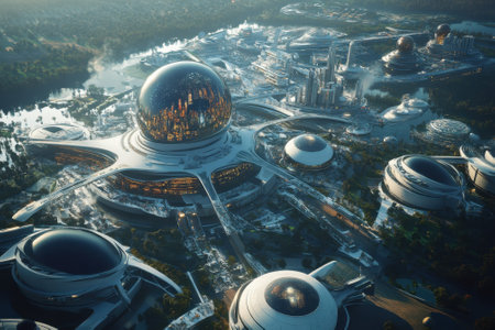A sprawling futuristic city showcases unique buildings and lush parks under a bright blue sky.の写真素材