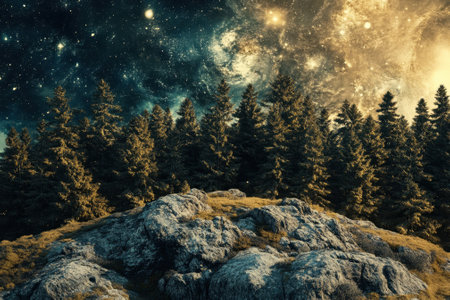 Tall trees stand on rocky ground beneath a colorful galactic backdrop, blending nature with cosmic beauty.の写真素材