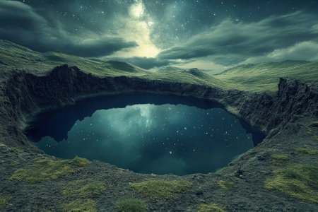 A tranquil mountain lake mirrors the starry sky, surrounded by grassy hills and distant clouds at night.の写真素材