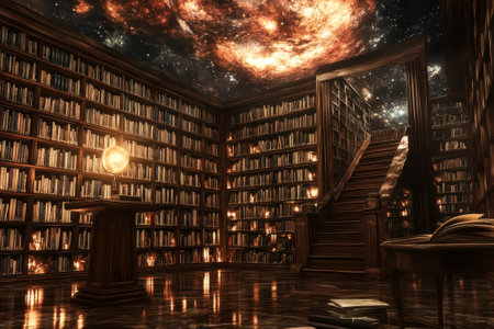 A grand library filled with books and a stunning cosmic ceiling, creating a magical atmosphere for readers.の写真素材