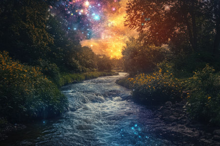 A river winds through lush greenery, illuminated by a vibrant cosmic display in the evening sky.の写真素材