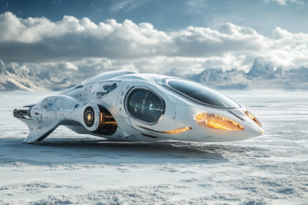 A sleek spacecraft sits on a frozen landscape, illuminated by soft light against a backdrop of mountains.の写真素材
