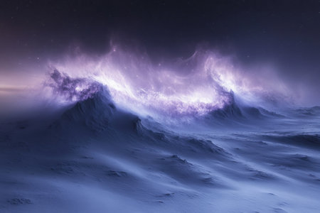 Majestic waves of light undulate against a dark cosmic backdrop, creating a tranquil and otherworldly atmosphere.の写真素材