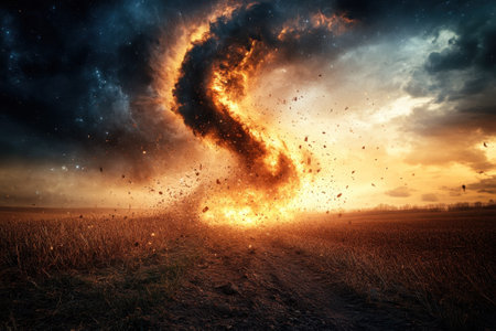 A fiery swirl of flames and smoke spirals into the sky above an open field during sunset, creating a striking visual.の写真素材