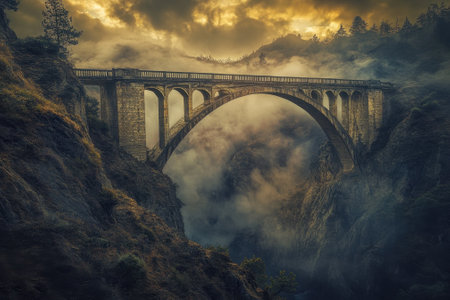 A grand stone bridge spans a foggy valley, surrounded by rugged mountains in the early morning light.の写真素材