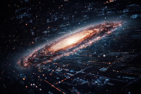 A stunning spiral galaxy shines brightly in the vastness of space, surrounded by twinkling stars.の写真素材