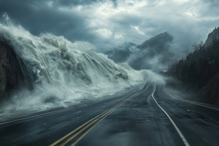 Waves surge onto a deserted road as a storm brews in the mountains, creating a dramatic and dangerous situation.の写真素材