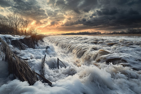 A turbulent river swells with floodwaters, reflecting dramatic clouds and a stunning sunset.の写真素材