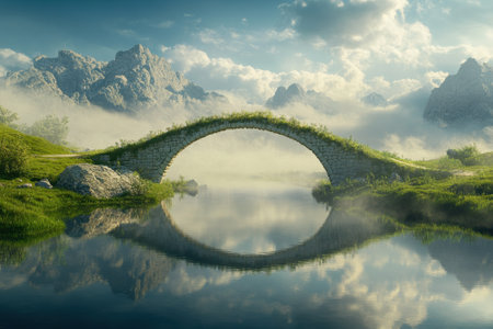 Morning light illuminates a stone bridge reflecting in a calm river surrounded by misty mountains.の写真素材