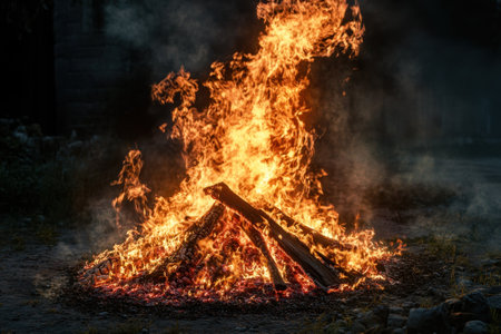Bright flames rise from a pile of logs, illuminating the surrounding darkness while smoke curls upward.の写真素材