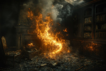 A fire blazes in a dark room, consuming furniture and books while smoke fills the air dramatically.の写真素材