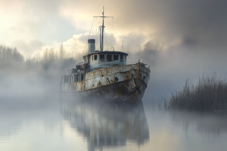 A weathered vessel emerges from fog on tranquil waters, creating a haunting atmosphere at sunrise.の写真素材