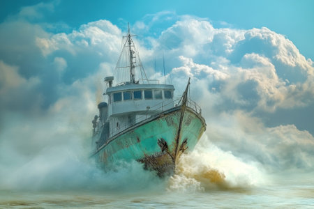 A weathered fishing boat cuts through waters near the shoreline, surrounded by dramatic clouds.の写真素材