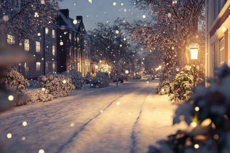 Gentle snowfall blankets the street, while warm lights illuminate cozy homes on a peaceful winter night.の写真素材