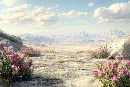 Vibrant wildflowers thrive among rocky terrain, with distant mountains and a clear blue sky in the background.の写真素材