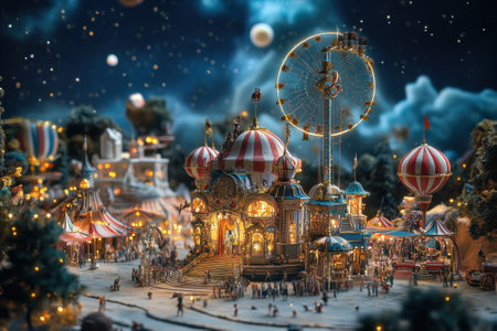 Colorful carnival filled with vibrant attractions, glowing lights, and excited visitors enjoying the night.の写真素材
