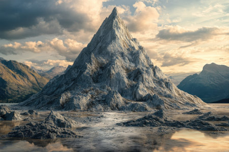 A striking mountain peak stands tall amid low clouds and gentle sunlight reflecting on water below.の写真素材