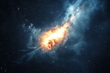 A brilliant explosion of colors radiates from a cosmic entity in deep space, illuminating the darkness.の写真素材
