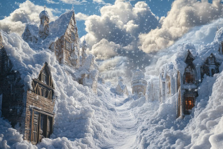 A quaint village is blanketed in fresh fluffy snow, creating a serene winter landscape under a cloudy sky.の写真素材